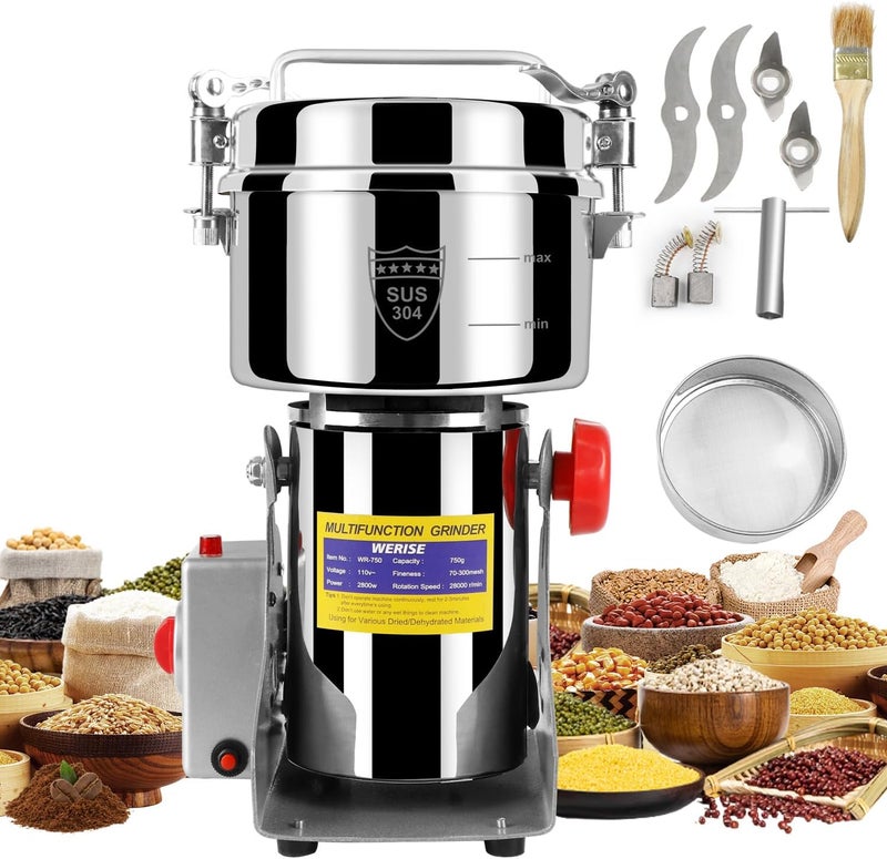 WERISE Grain Mill Grinder Electric Flour, 750g Corn Fine Powder Rice Grinder Wheat Mill for Home Kitchen Commercial Stainless Steel Spice Food Pepper Coffee Beans (Swing Type) - Image 1